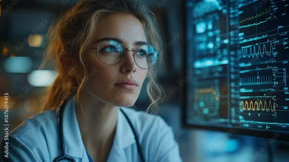 A female doctor intently studies medical data on a large monitor, her thoughtful expression conveying dedication and precision in healthcare. A female doctor intently studies medical data on a large monitor, her thoughtful expression conveying dedication and precision in healthcare.