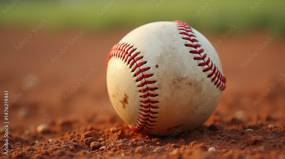 Close-up of used baseball with red stitching resting on infield dirt in late afternoon. Ball shows wear, tear with some orange color. Game season, summer sports recreation, team, hobby Close-up of used baseball with red stitching resting on infield dirt in late afternoon. Ball shows wear, tear with some orange color. Game season, summer sports recreation, team, hobby