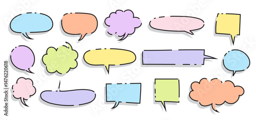 Set of Colorful speech bubbles in Hand-drawn style , chatting box, message box, think balloon, speak bubble, cartoon elements vector illustration