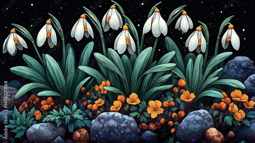 Enchanting floral scene with snowdrops amidst scattered rocks under starry sky Enchanting floral scene with snowdrops amidst scattered rocks under starry sky