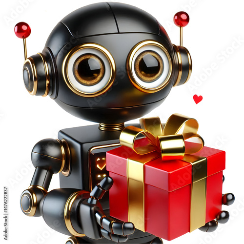 Cute 3D black robot with golden eyes holding red gift box in side view isolated on white background
