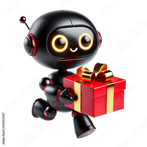 Cute 3D black robot with golden eyes holding red gift box in side view isolated on white background