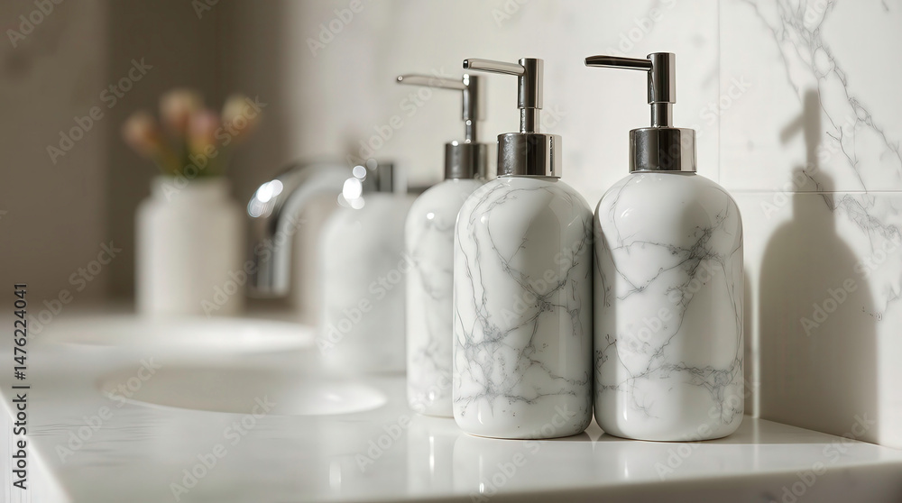 Three marble textured toiletry dispenser bottles for shampoo, shower gel in modern bathroom setting. Elegant spa interior. Hotel bath essentials, soap dispenser set. Personal hygiene products, hand Three marble textured toiletry dispenser bottles for shampoo, shower gel in modern bathroom setting. Elegant spa interior. Hotel bath essentials, soap dispenser set. Personal hygiene products, hand
