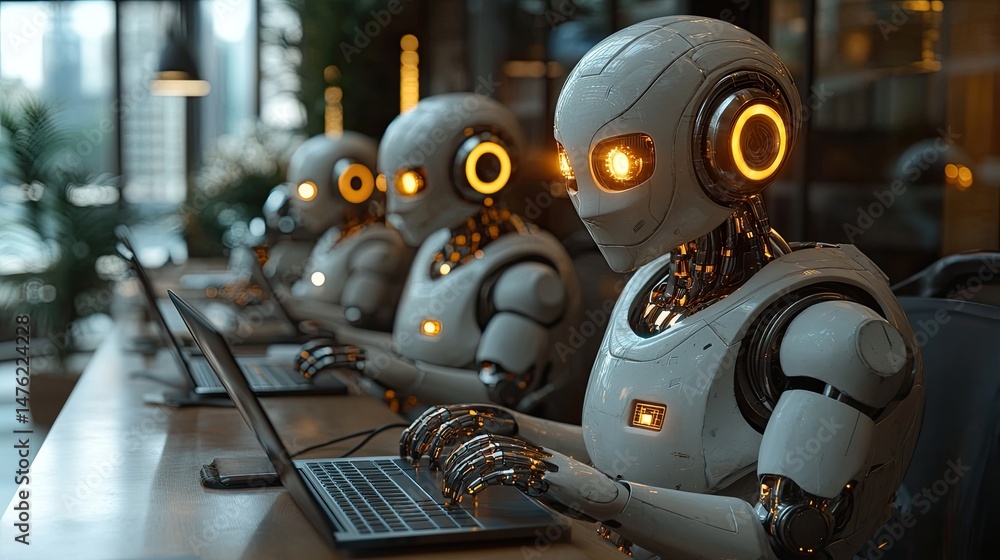 Fototapeta premium Futuristic robots working in a modern office setting.