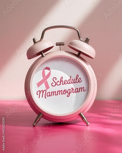 Pink clock with 'Schedule Mammogram' reminder and awareness ribbon.