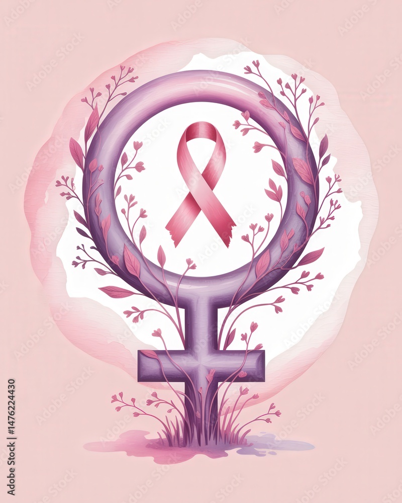 Obraz premium Pink ribbon on feminine symbol with floral design.