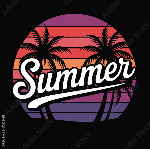 Retro summer vibes design featuring palm trees and bold script on a sunset backdrop