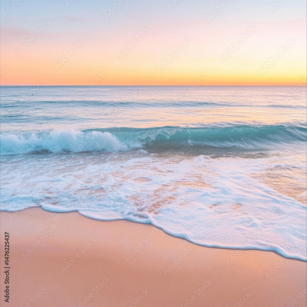 Fototapeta premium Ocean Wave Breaking on Shore at Sunrise Eye Level View Serene Beach Scene with Pastel Sky Colors in Coastal Landscape