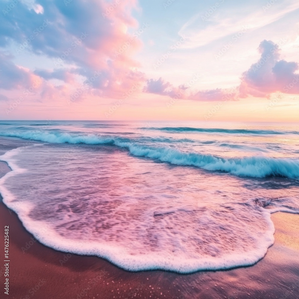 Obraz premium Serene ocean wave rolling onto shore at pastel sunrise eye level view in coastal landscape setting