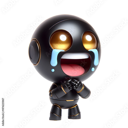 Cute 3D black robot with golden eyes laughing with tears in side view isolated on white background