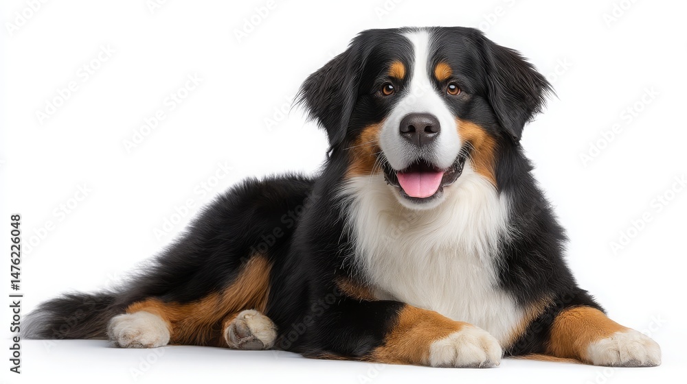 Fototapeta premium Happy Bernese Mountain Dog Relaxing on White Background