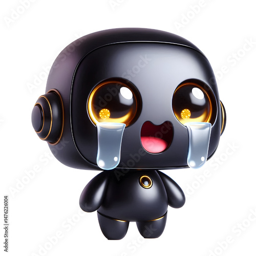 Cute 3D black robot with golden eyes laughing with tears in side view isolated on white background