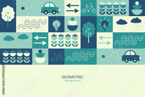 An abstract geometric background featuring eco-conscious icons such as electric cars, trees, flowers, and energy symbols. It employs a palette of teal, blue, and green.