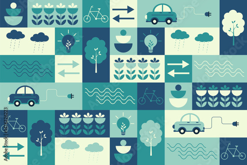 A seamless geometric pattern featuring eco-friendly themes including electric cars, bicycles, trees, flowers, and energy icons in cool blue and green tones.