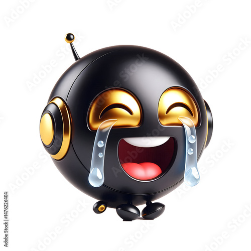 Cute 3D black robot with golden eyes laughing with tears in side view isolated on white background