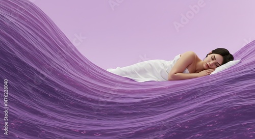 hyper realistic digital art, abstract lavender waves gently flow towards a sleeping figure on the right, with clear copy space on the left for photos. ,isolated on bright background, no text