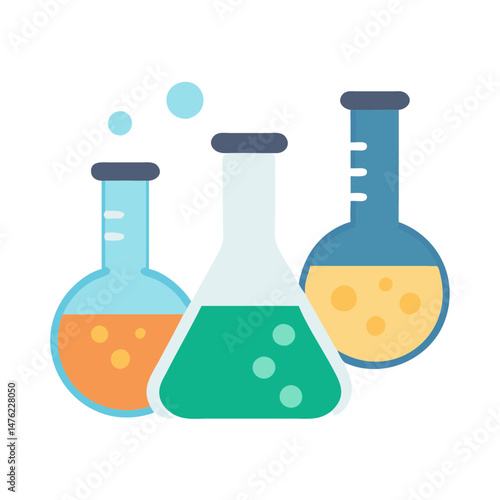 Three beakers with colorful liquids on black background illustration