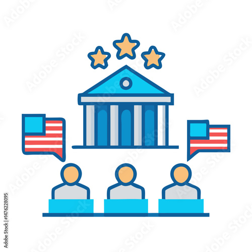 Iconic representation of government building with patriotic symbols and people