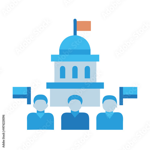 Illustration of rally demonstration with building background and supporters