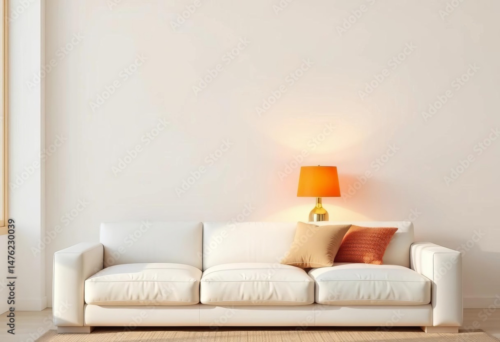 Fototapeta premium Pastel orange lamp, white sofa, empty white wall, copy space, room, empty wall