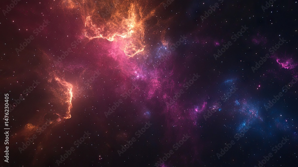 Naklejka premium Vibrant cosmic nebulae ablaze in deep space.