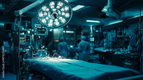 Surgical operating room interior with equipment and personnel.