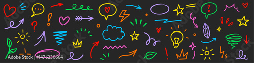 Line marker hand color brush icon set. Arrow stroke sketch pencil underline drawn element colorful shape for text design. Hand drawn heart crown star symbol with playful doodle. Vector illustration