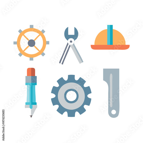 Six simple construction tools icon illustration on black backdrop