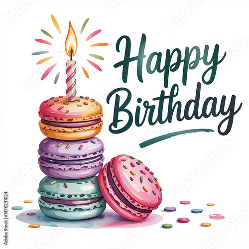 Colorful birthday macarons celebration with lit candle sprinkles and text design