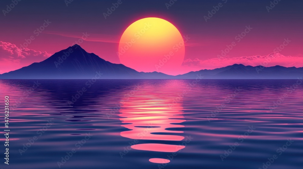 Fototapeta premium Retro wave ocean sunset landscape with mountain silhouette and vibrant colors
