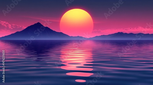 Wallpaper Mural Retro wave ocean sunset landscape with mountain silhouette and vibrant colors Torontodigital.ca
