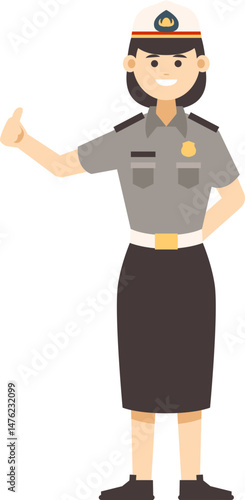 Smiling female police officer in uniform giving a thumbs-up gesture, standing confidently with one hand on her hip.