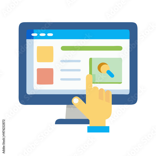 Hand pointing at elements on a computer screen interface