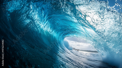 Deep ocean wave's interior view on a sunny day.