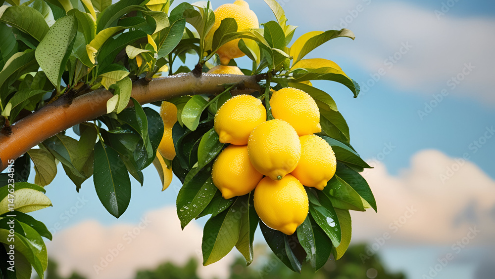 yellow lemons hanging on branches with lush green leaves