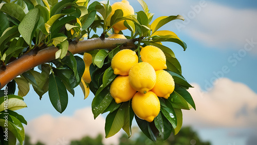 yellow lemons hanging on branches with lush green leaves