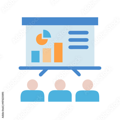 Presentation with charts and attendees in a flat design
