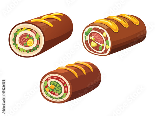 vector illustration of a german food Rinderroulade (Beef Roll Stuffed with Bacon, Onions, Pickles, and Mustard)