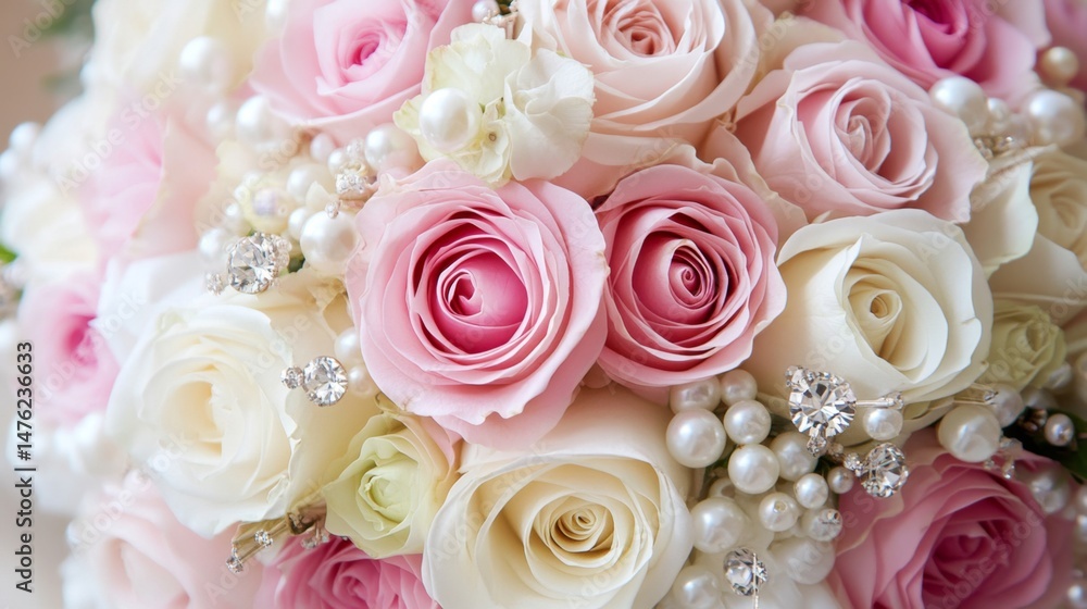 Obraz premium Stunning Pink and White Rose Bouquet with Pearls and Diamonds