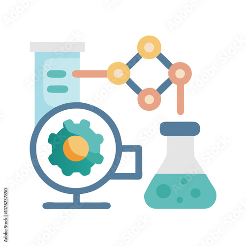 Chemistry research concept with molecule gear flask and tube