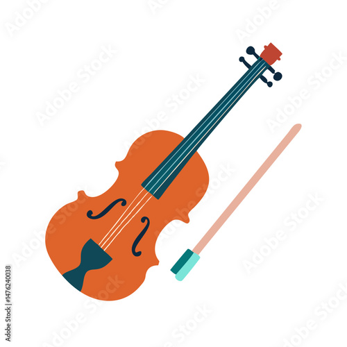 Flat design illustration of a violin with a bow