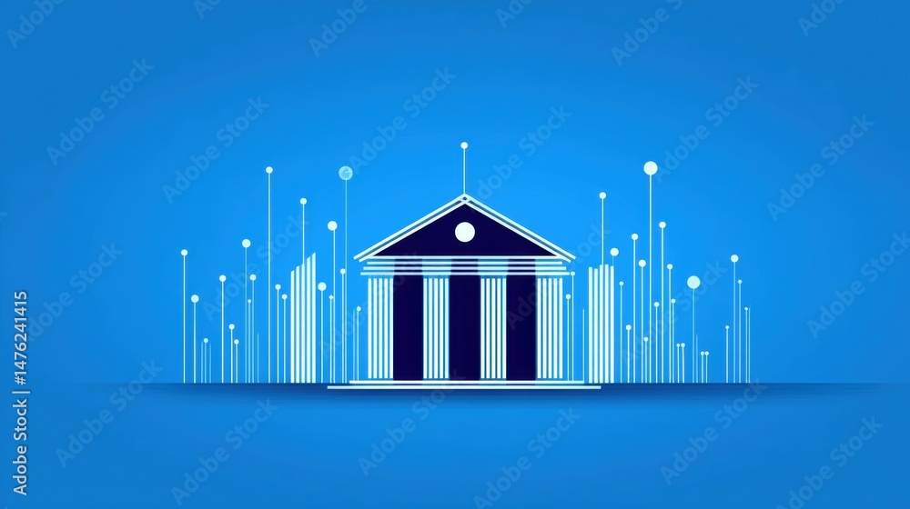 Fototapeta premium A digital illustration of a bank building surrounded by abstract lines and dots on a blue background, symbolizing digital banking or fintech.