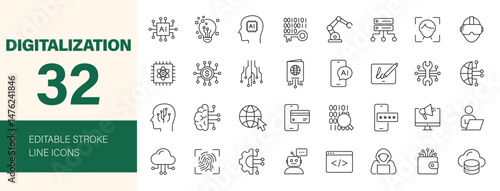 Digitalization icon set. Containing setting, technology, virtual data, digital tech, embedded system, binary, circuit and more. Editable line icons. Vector illustration.