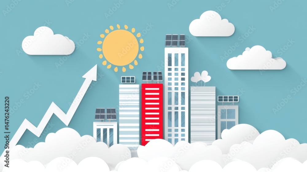 Fototapeta premium Modern city skyline with solar-powered buildings, rising arrow, and bright sun, symbolizing growth, sustainability, and clean energy.
