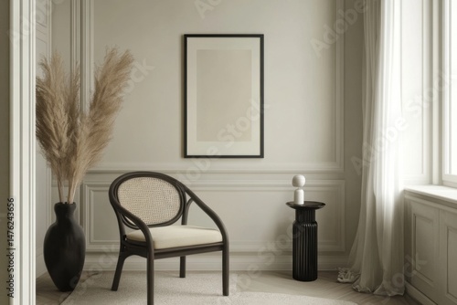 Interior design showcasing a chair, pampas grass in a vase, and a framed print in a neutral color palette, studio shot