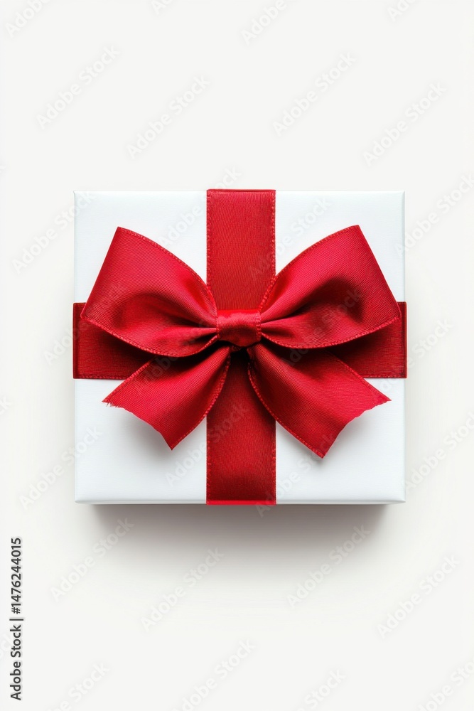 Elegant White Gift Box with Red Ribbon and Bow Overhead Studio Shot for Holiday Celebration and Special Occasions Elegant White Gift Box with Red Ribbon and Bow Overhead Studio Shot for Holiday Celebration and Special Occasions
