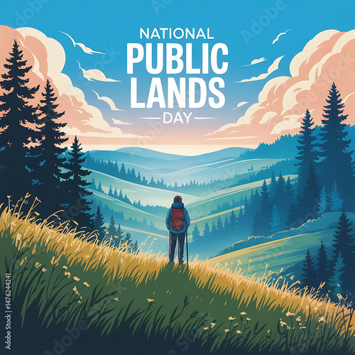 National public lands day illustration featuring a hiker admiring a scenic mountain landscape celebrating outdoor recreation and conservation.