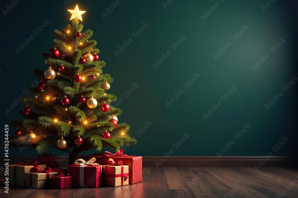 A festively decorated Christmas tree with presents underneath , bright, sparkly, candy A festively decorated Christmas tree with presents underneath , bright, sparkly, candy