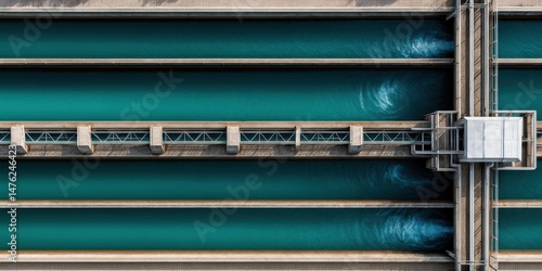 Aerial view of a large water treatment facility with clear blue water and multiple channels separated by walkways.
