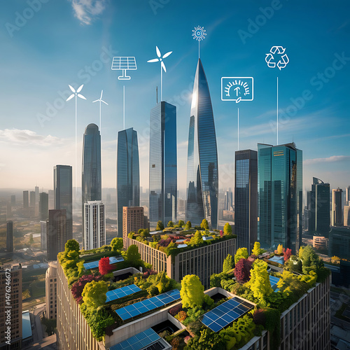 Sustainable cityscape featuring green rooftops renewable energy and smart urban planning